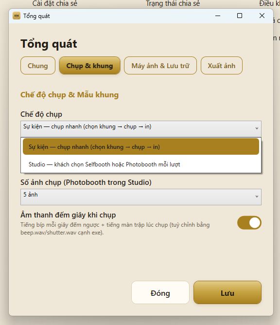 Màn hình cài đặt chế độ chụp Sự kiện và Studio
